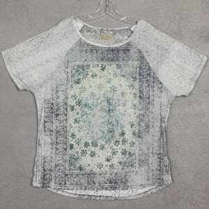 Ruff Hewn Womens Top Short Sleeve Plus Gray White Floral Print Rug Boho Plus 1X